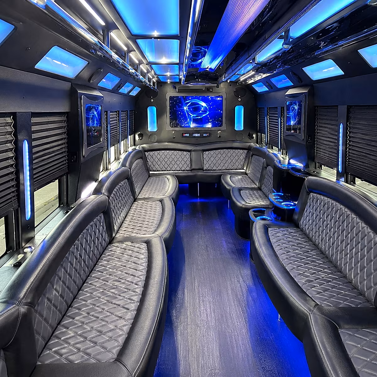 Wedding guests seated inside a party bus serving Eugene